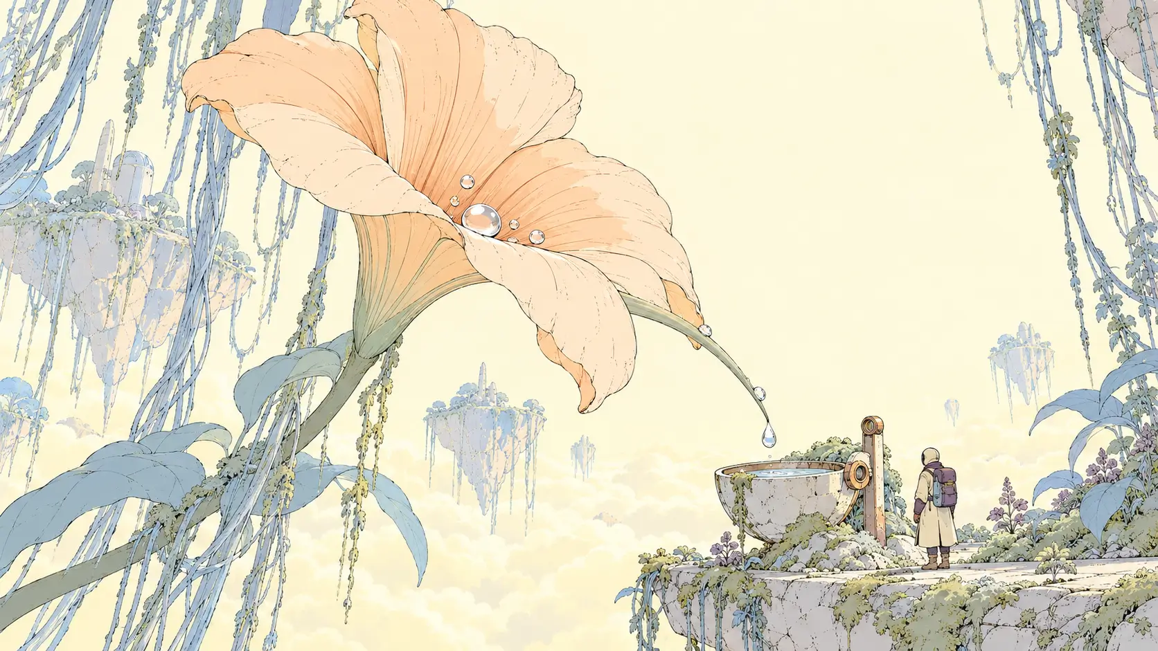 AI form builders represented by a trumpet flower gathering dew for a dependable handoff