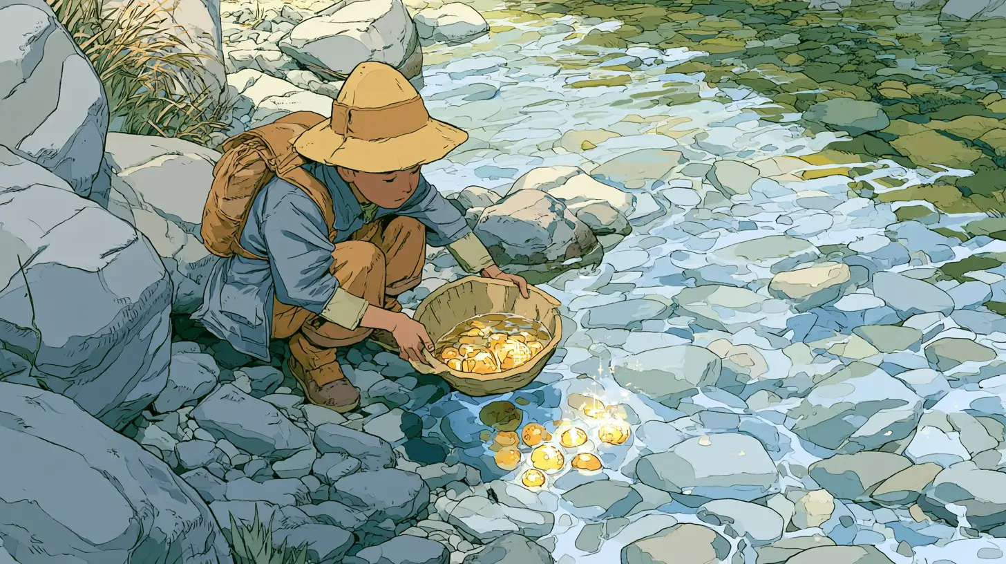 Illustrated adventurer panning a stream, sifting glowing golden orbs from grey pebbles — a metaphor for an AI lead qualification agent separating good leads from bad