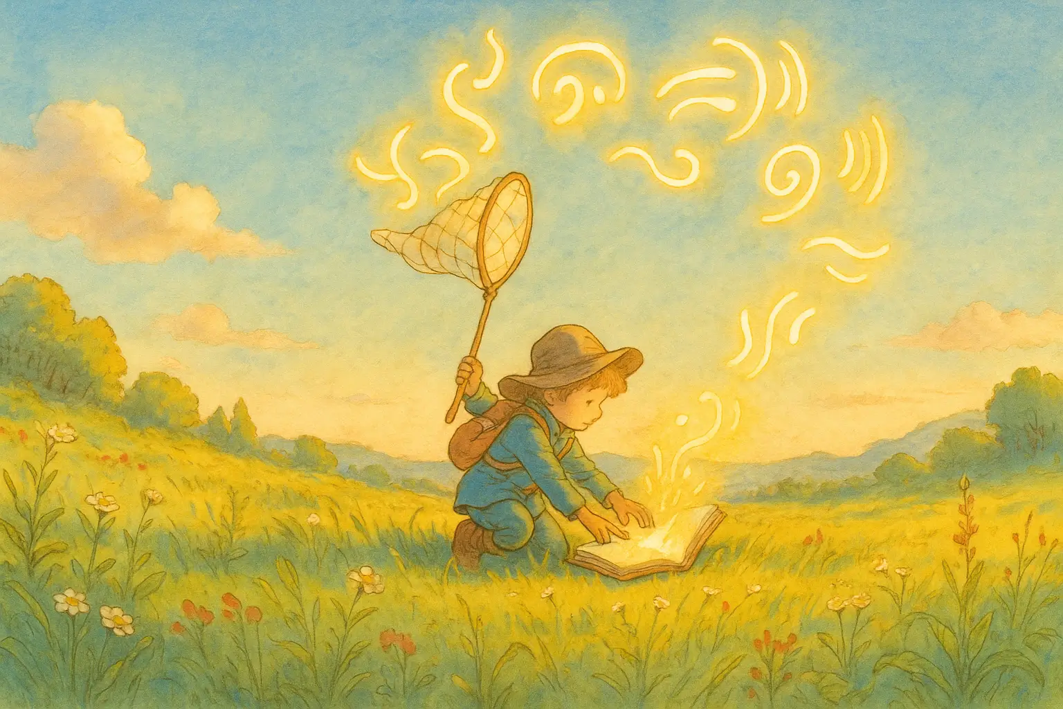 AI meeting assistant capturing spoken words into notes, illustrated as an adventurer catching glowing sound waves in a notebook