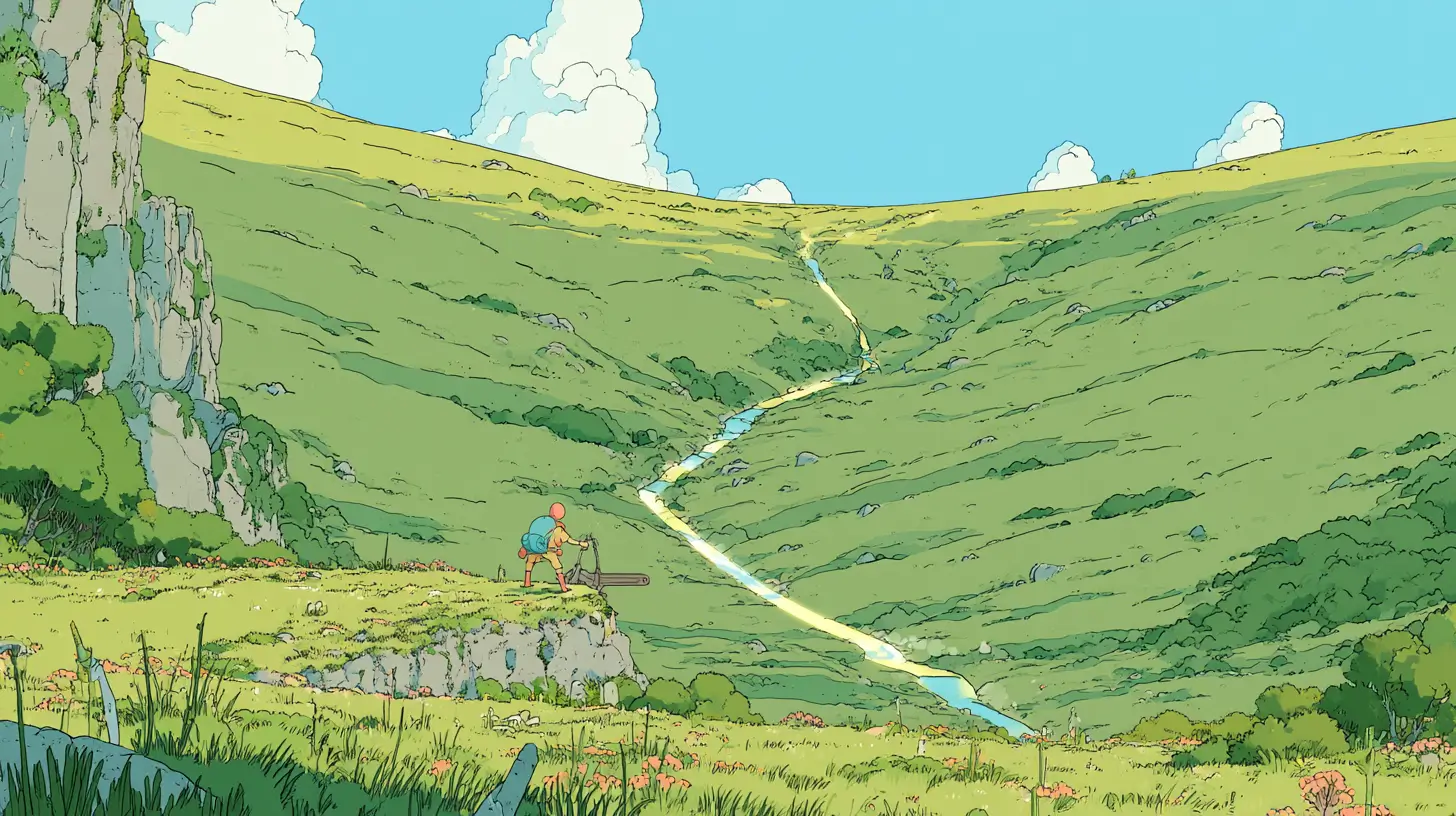 Illustrated adventurer pulling a signal lever where a glowing river of light splits into three streams down a green valley — a metaphor for AI model routing sending each task to the right model