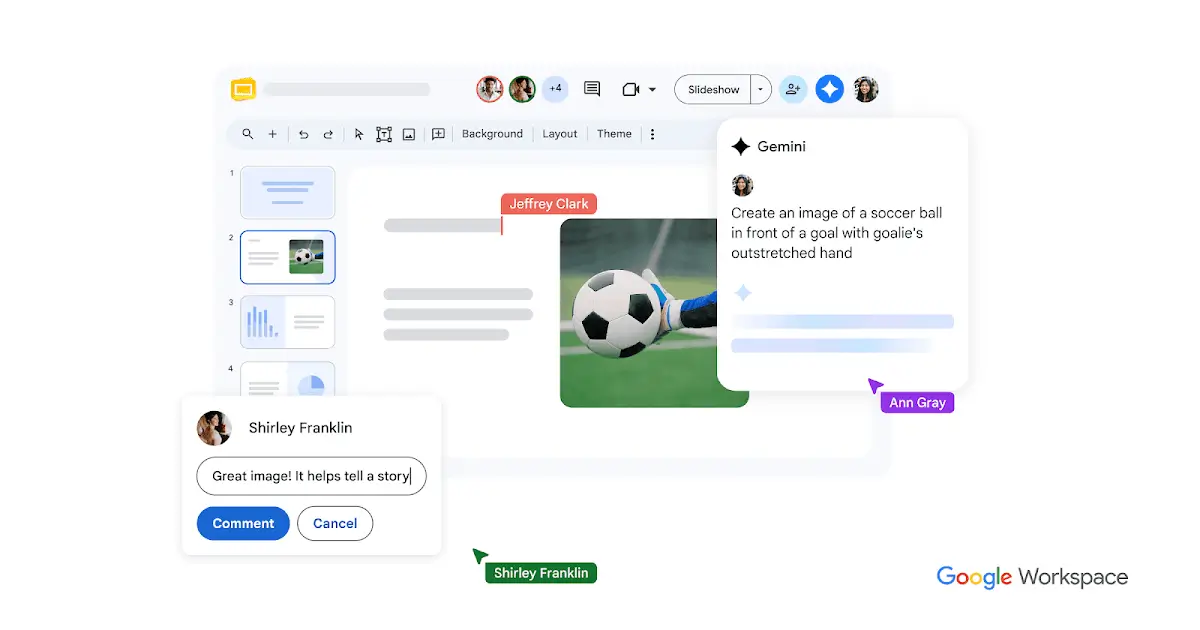 Google Slides interface with Gemini AI presentation features