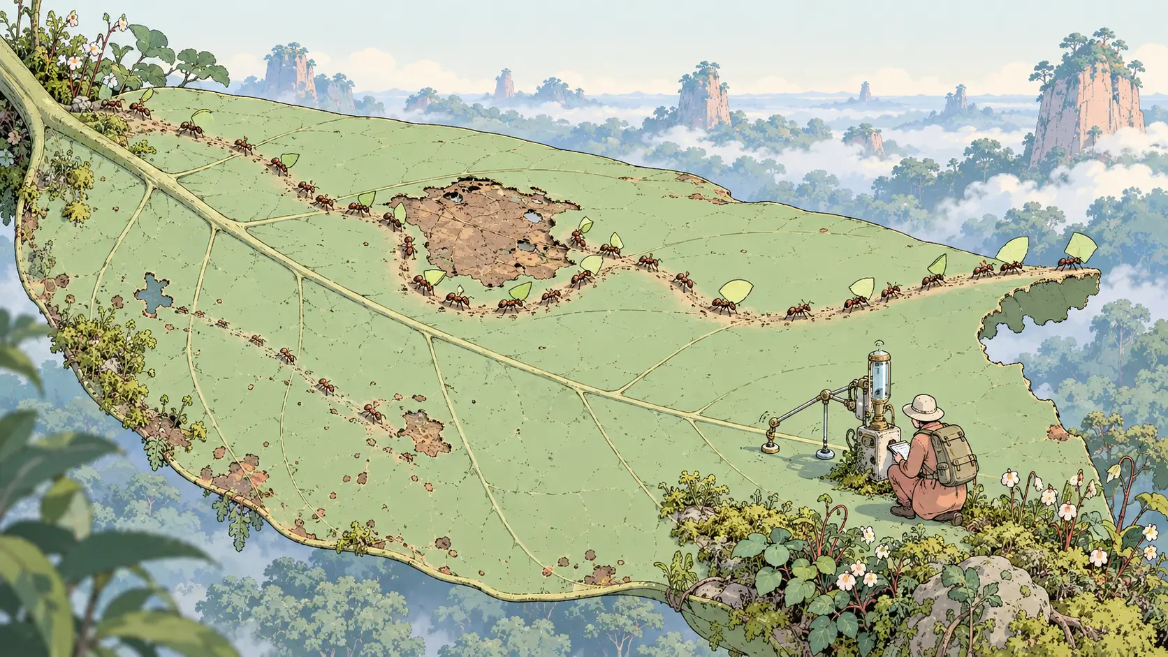 AI process mining tools represented by observed ant trails across a giant leaf