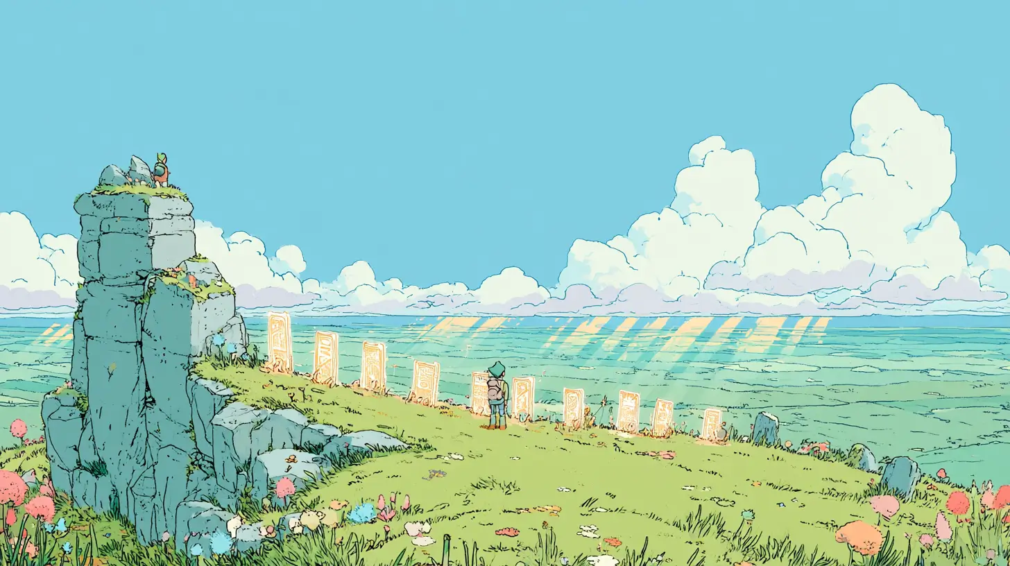 Illustration of a small adventurer arranging a row of glowing engraved stencil plates on a hilltop, each casting a differently shaped beam of light, representing reusable AI prompt templates