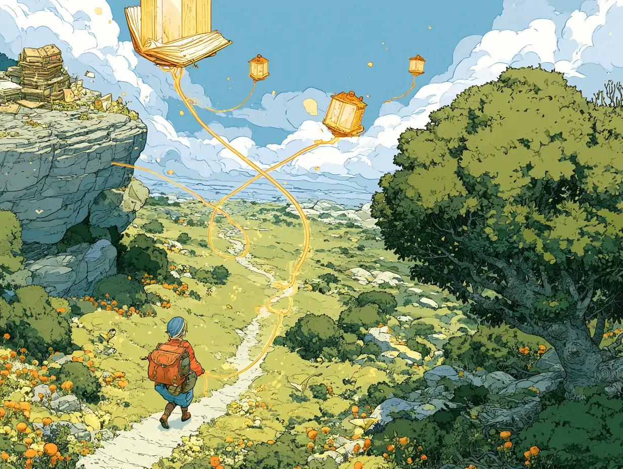 Illustrated adventurer following a glowing golden thread connecting floating books and lanterns through a sunny meadow — a metaphor for an AI research agent tracing every claim back to its source