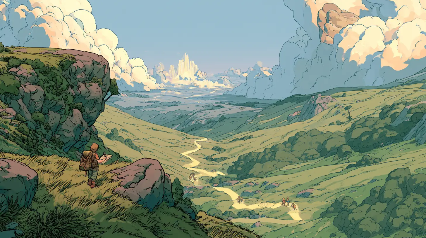 AI strategy consulting playbook — an adventurer charting a glowing roadmap through a valley toward a distant city of light