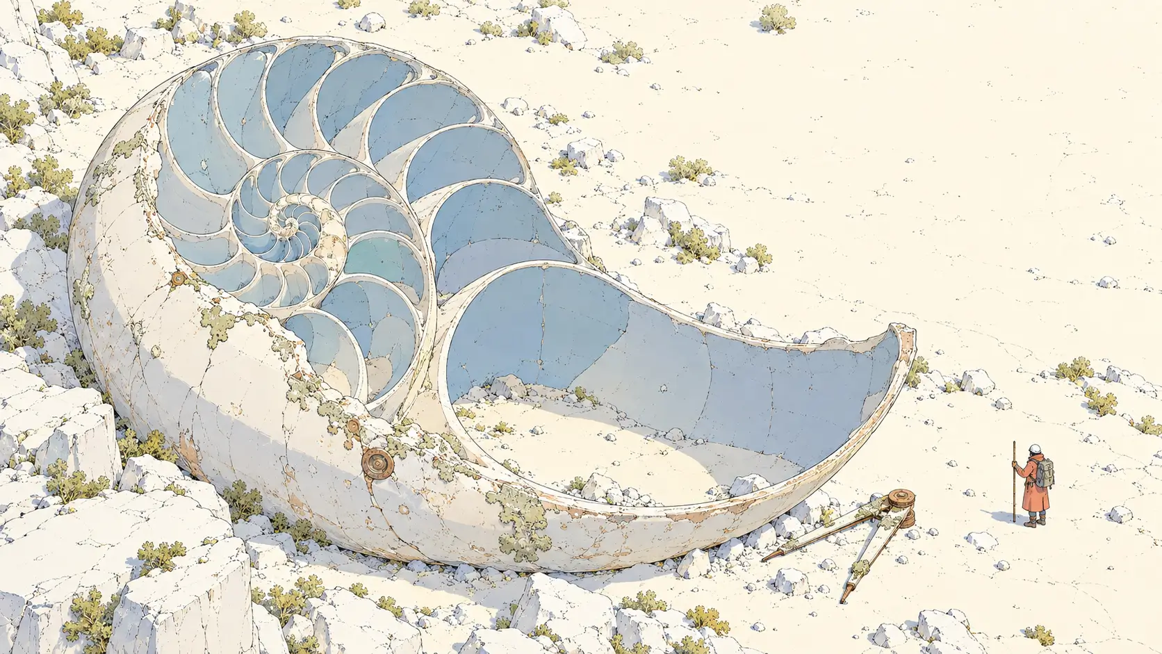 AI tools for architects illustrated by a chambered shell and a surveyor checking its growing structure