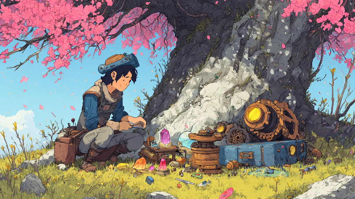 Illustration of a small adventurer assembling a colorful toolkit from glowing crystals and gears at the base of a flowering tree, representing AI tools for building a business