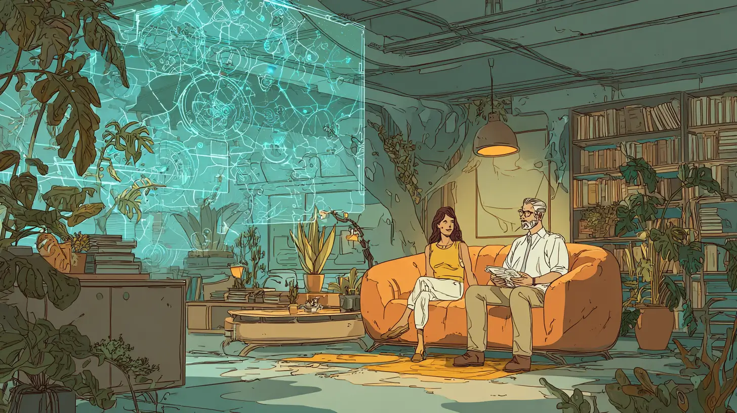 Illustration of a futuristic coaching session with holographic AI interface between coach and client