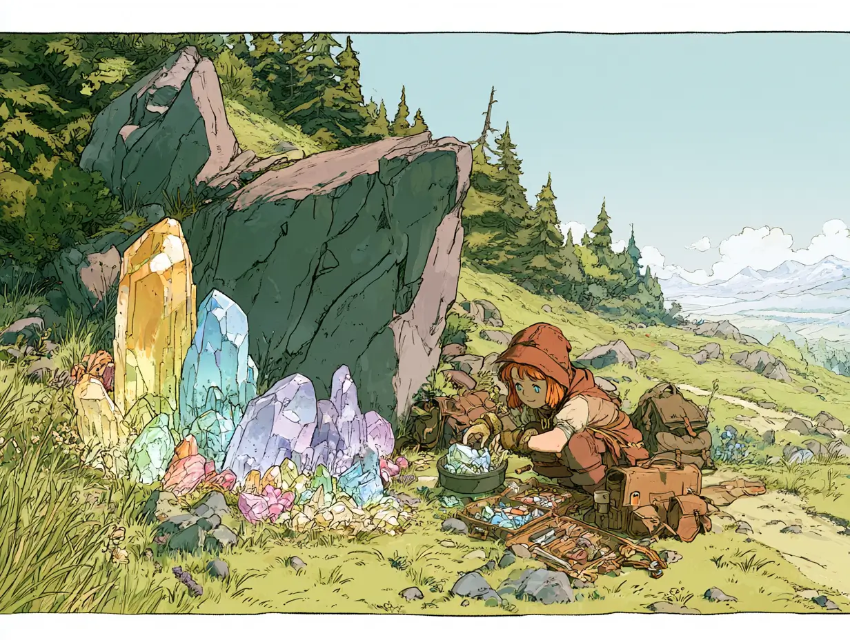 Illustration of a small adventurer organizing glowing crystals into a toolkit on a sunlit hillside in Ghibli style