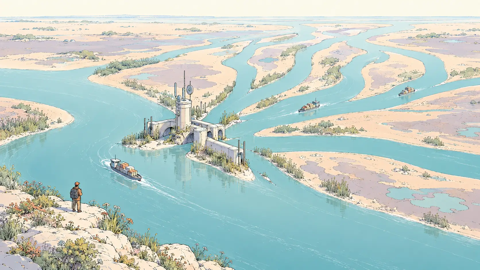 AI tools for ecommerce represented by a merchant guiding cargo through a branching river delta