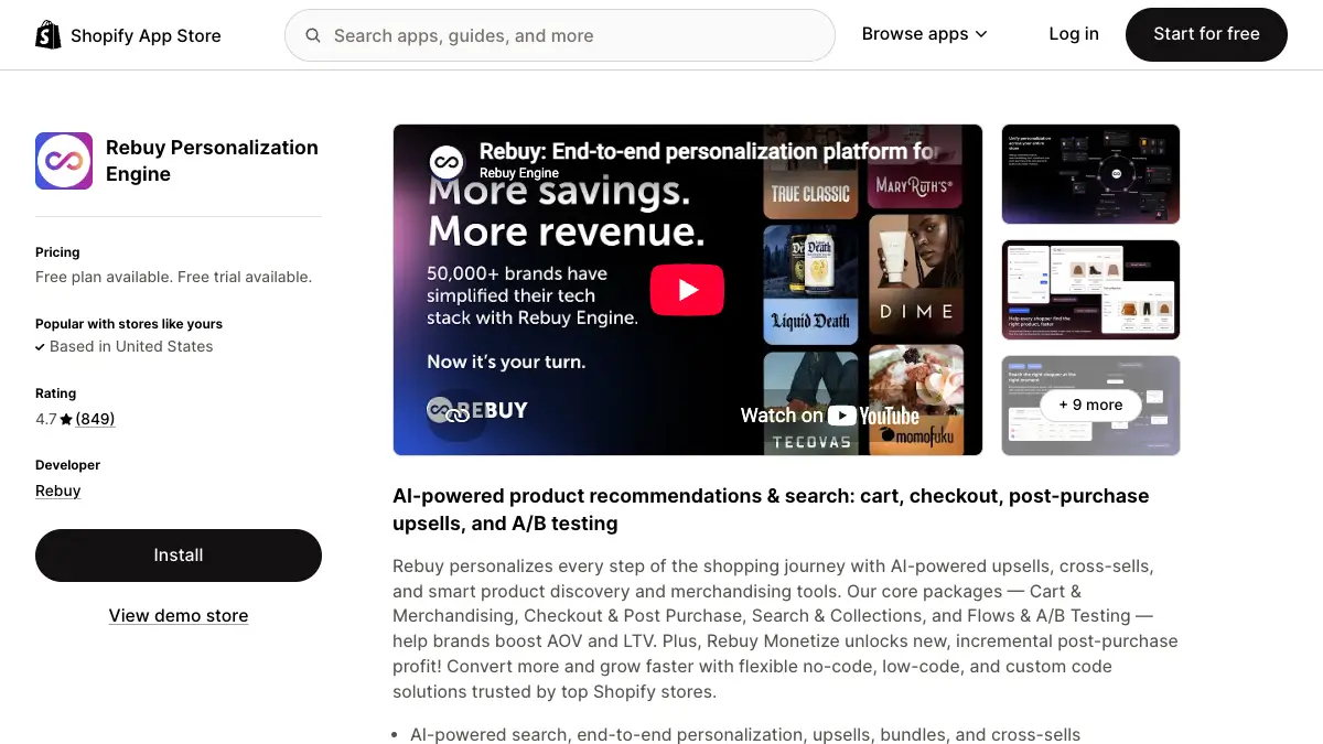Rebuy AI personalization and upsell tools inside a Shopify cart