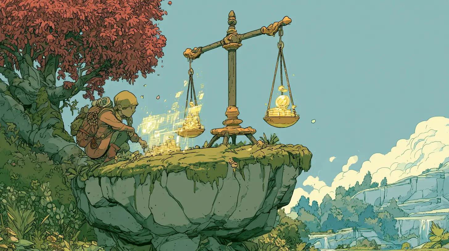Illustration of a small adventurer examining glowing charts and golden scales in a sunlit meadow in Ghibli style