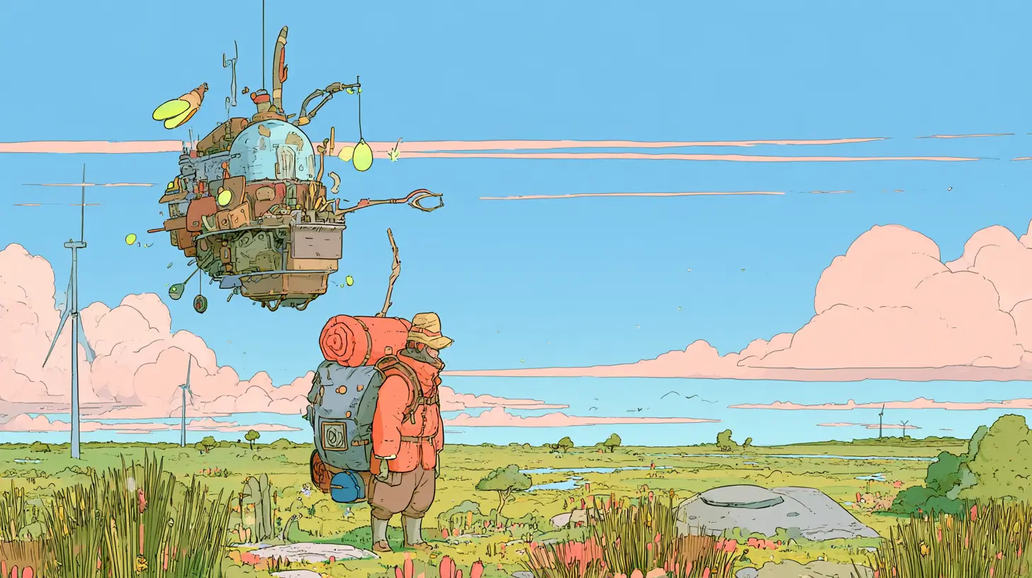 Illustration of a lone adventurer whose backpack unfolds into a floating workshop of glowing AI tools for freelancers
