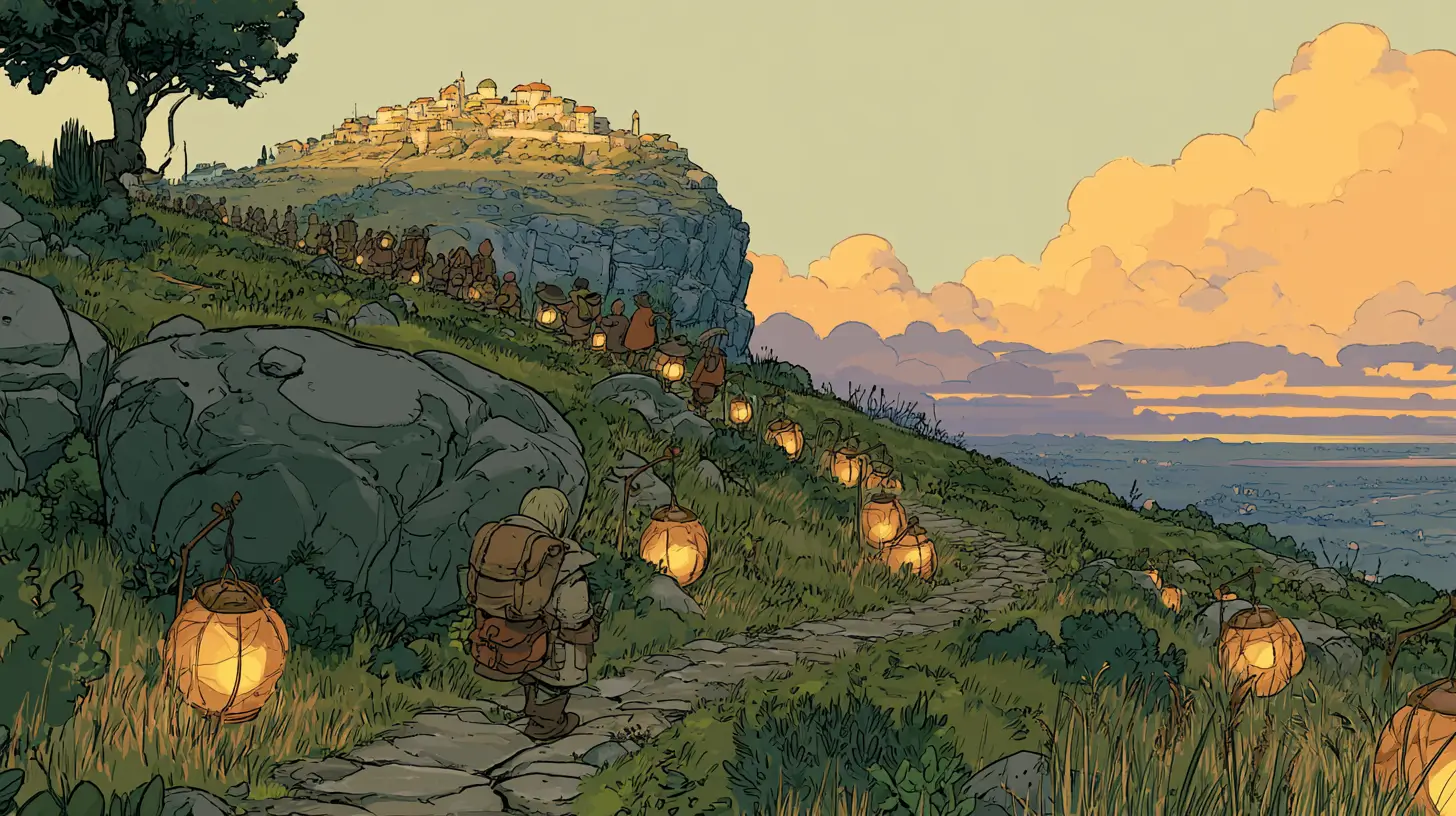 Illustration of an adventurer welcoming a line of glowing lantern-people up a path to a hilltop village at dawn, a metaphor for AI tools for HR consultants