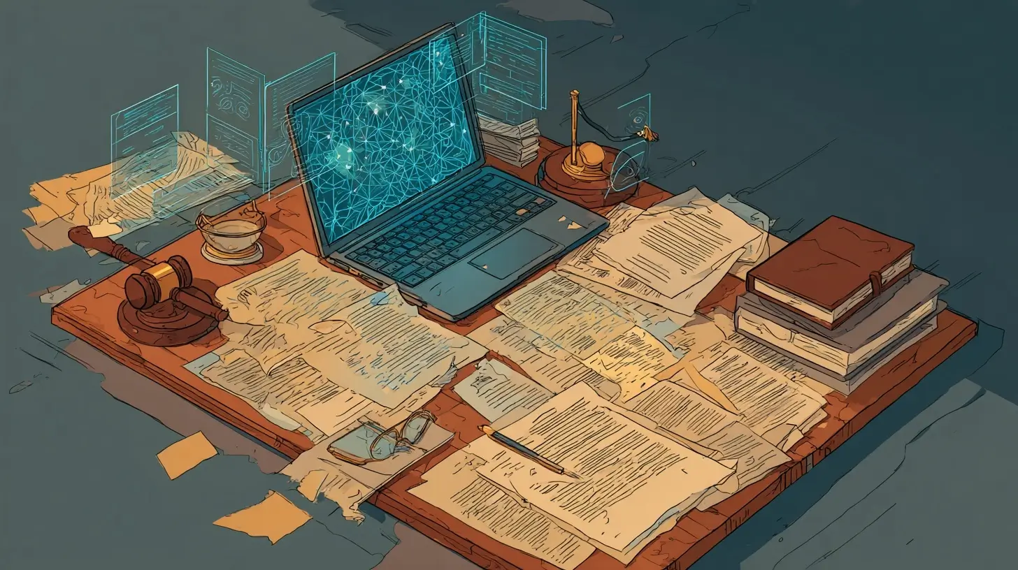 Modern law office desk with laptop displaying AI neural network patterns, gavel, and legal documents with holographic AI annotations