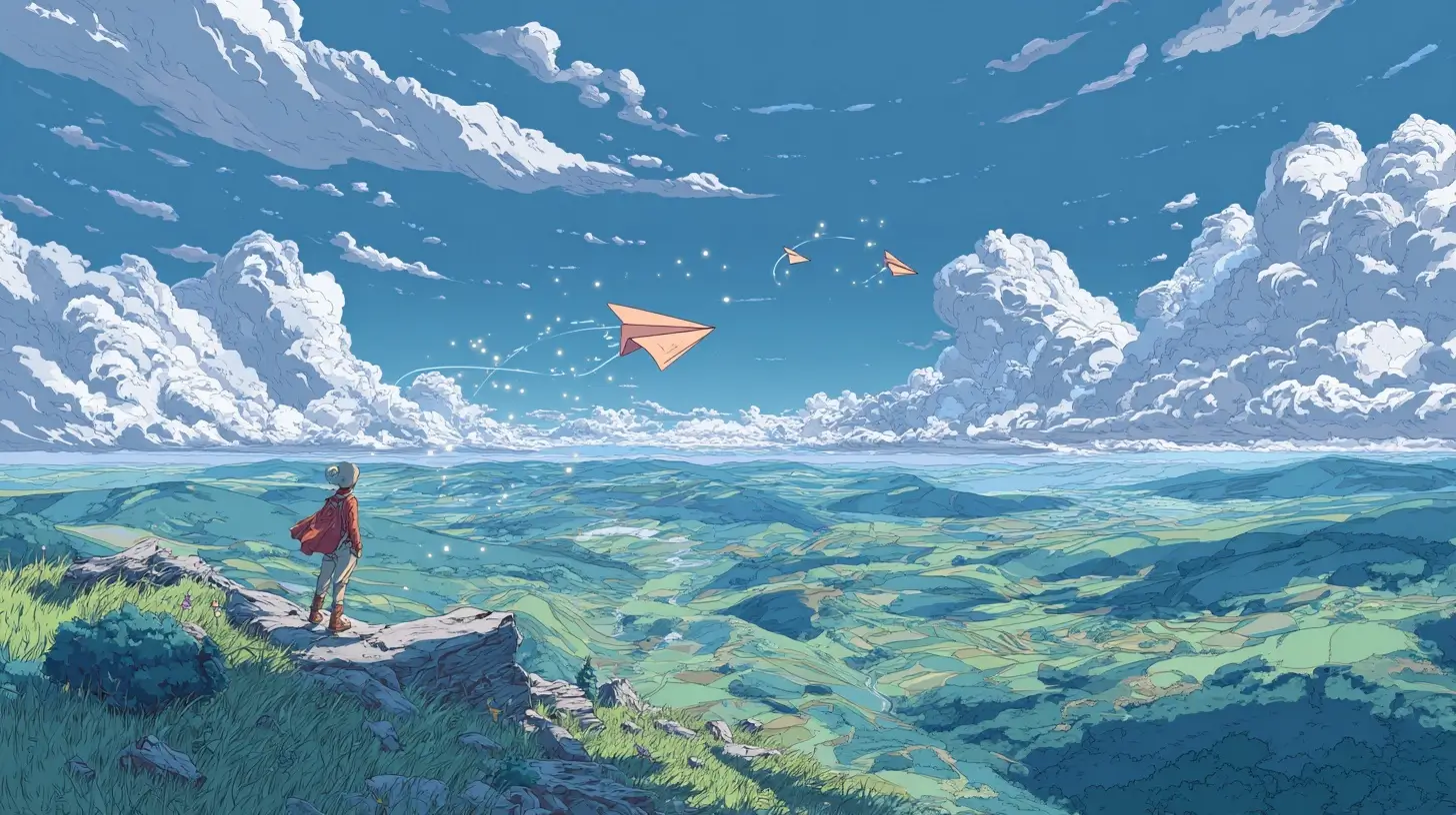 Illustration of a small adventurer on a hilltop sending glowing paper airplanes across a colorful valley in Ghibli style