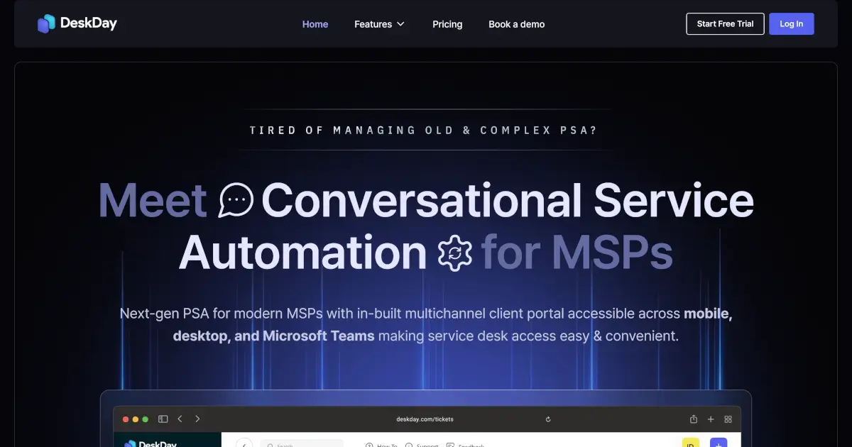DeskDay chat-first PSA and service desk platform built for small MSPs