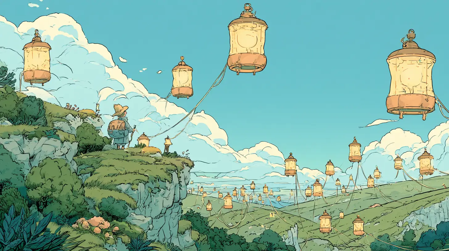 Illustration of an adventurer on a hilltop tending a network of glowing beacon-lanterns across a valley, a metaphor for AI tools for MSPs managing client endpoints