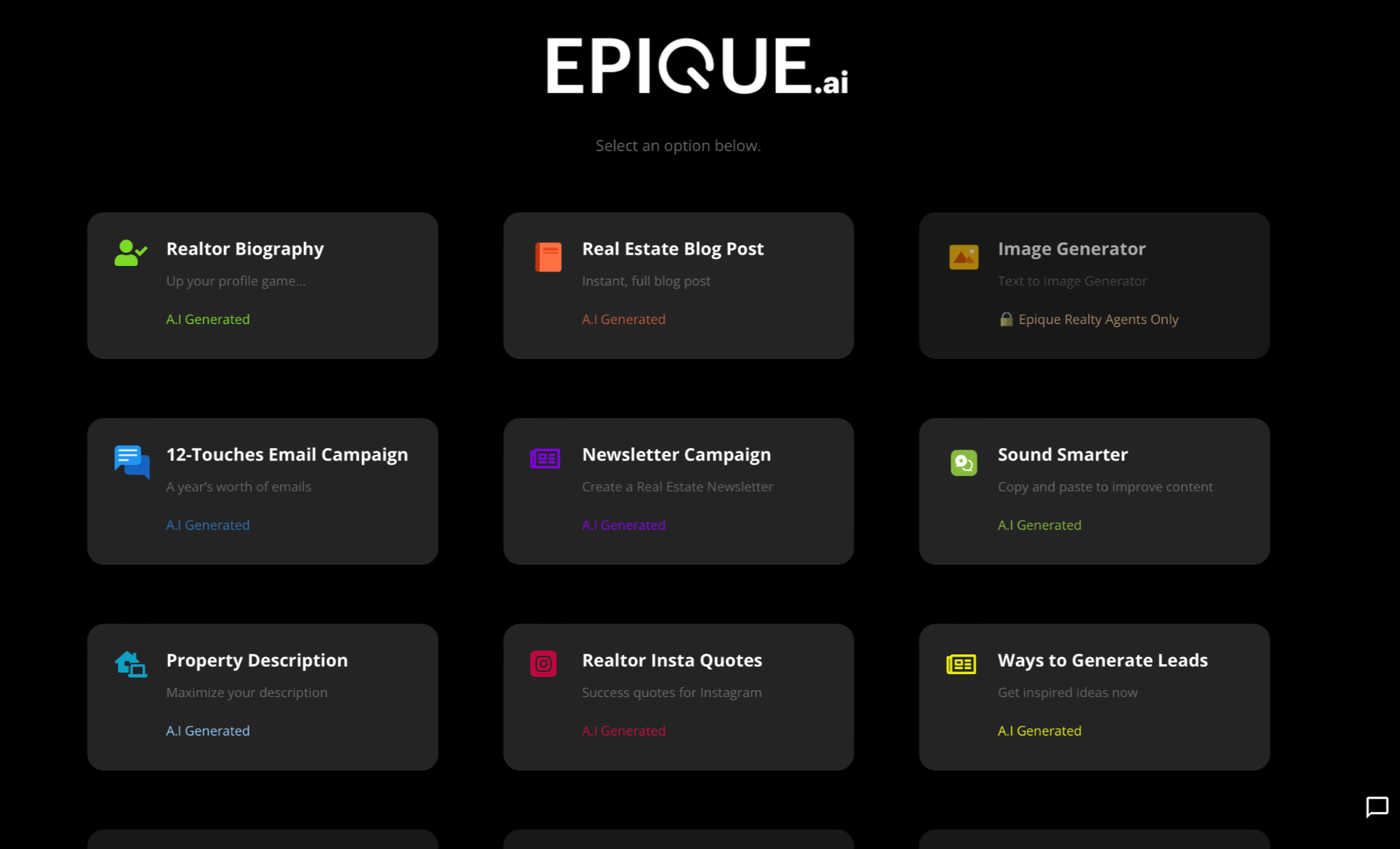 Epique AI platform showing real estate content tools including biography generator, blog posts, and email campaigns