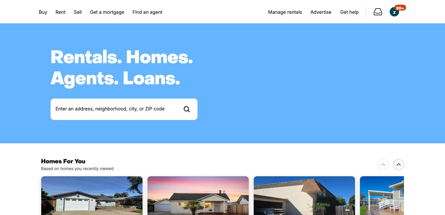 Zillow homepage with AI-powered natural language property search