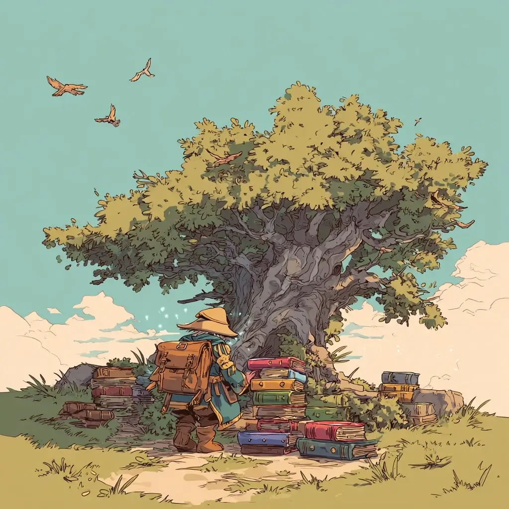 Illustration of a small adventurer organizing colorful glowing books and scrolls beside a wise ancient tree, representing AI tools for teachers in education