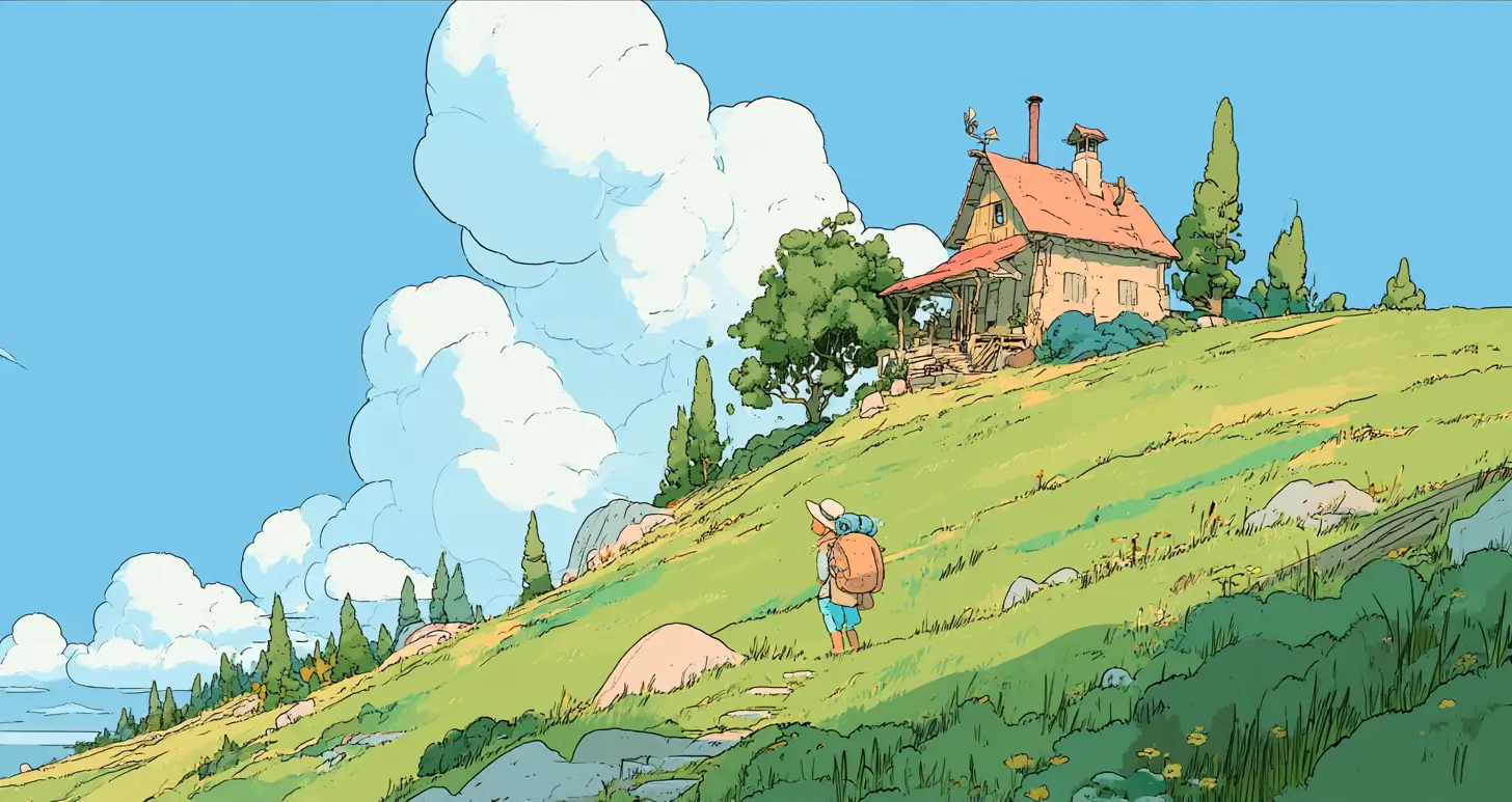 Illustration of a small adventurer climbing a hillside toward a cottage, representing building a web app with an AI web app builder
