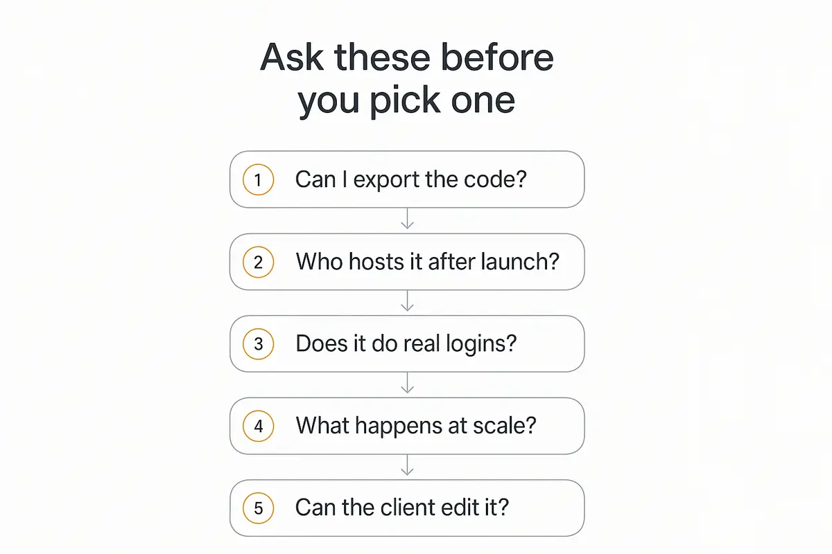 Five-step checklist for choosing an AI web app builder covering code export, hosting, logins, scale and client editing