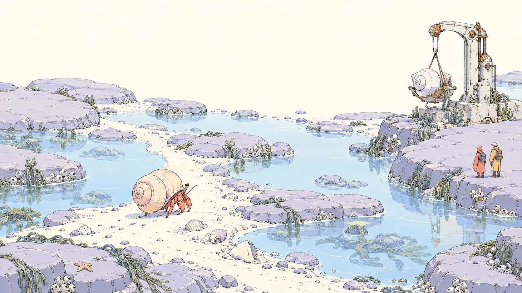 AI website builder choices illustrated by a hermit crab carrying its shell through a pastel tidal garden