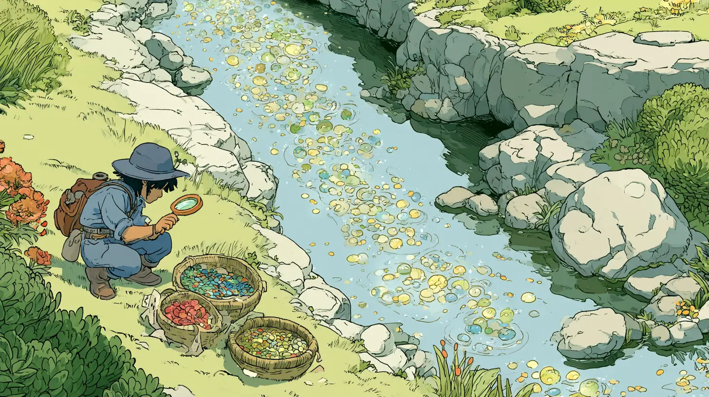 Illustrated adventurer with a magnifying glass inspecting a sunny stream of glowing task-orbs and sorting them into baskets — a metaphor for an AI workflow audit