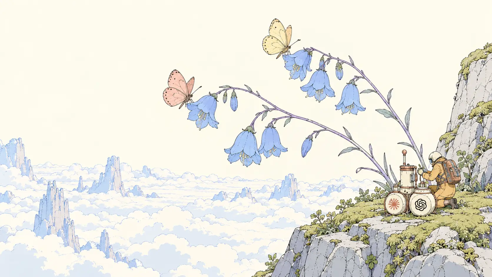 Anthropic vs OpenAI business adoption illustrated by butterflies sharing alpine flowers beside a pollen sampler