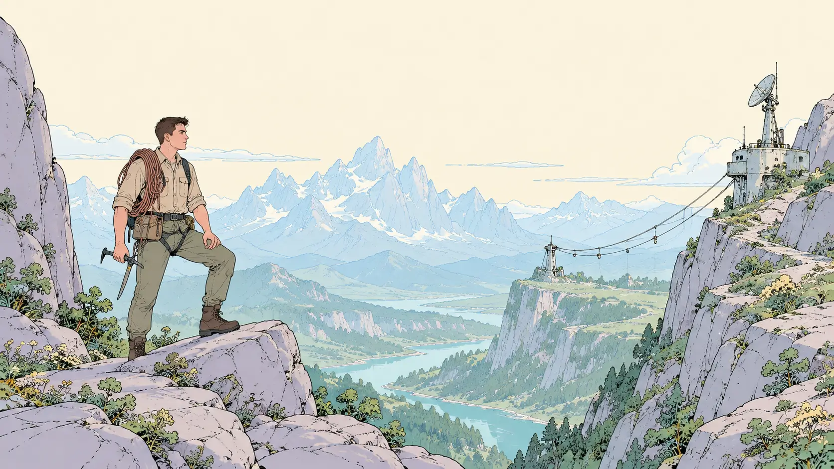 Moebius-inspired illustration of Artsiom as a strong adventurer overlooking a mountain valley