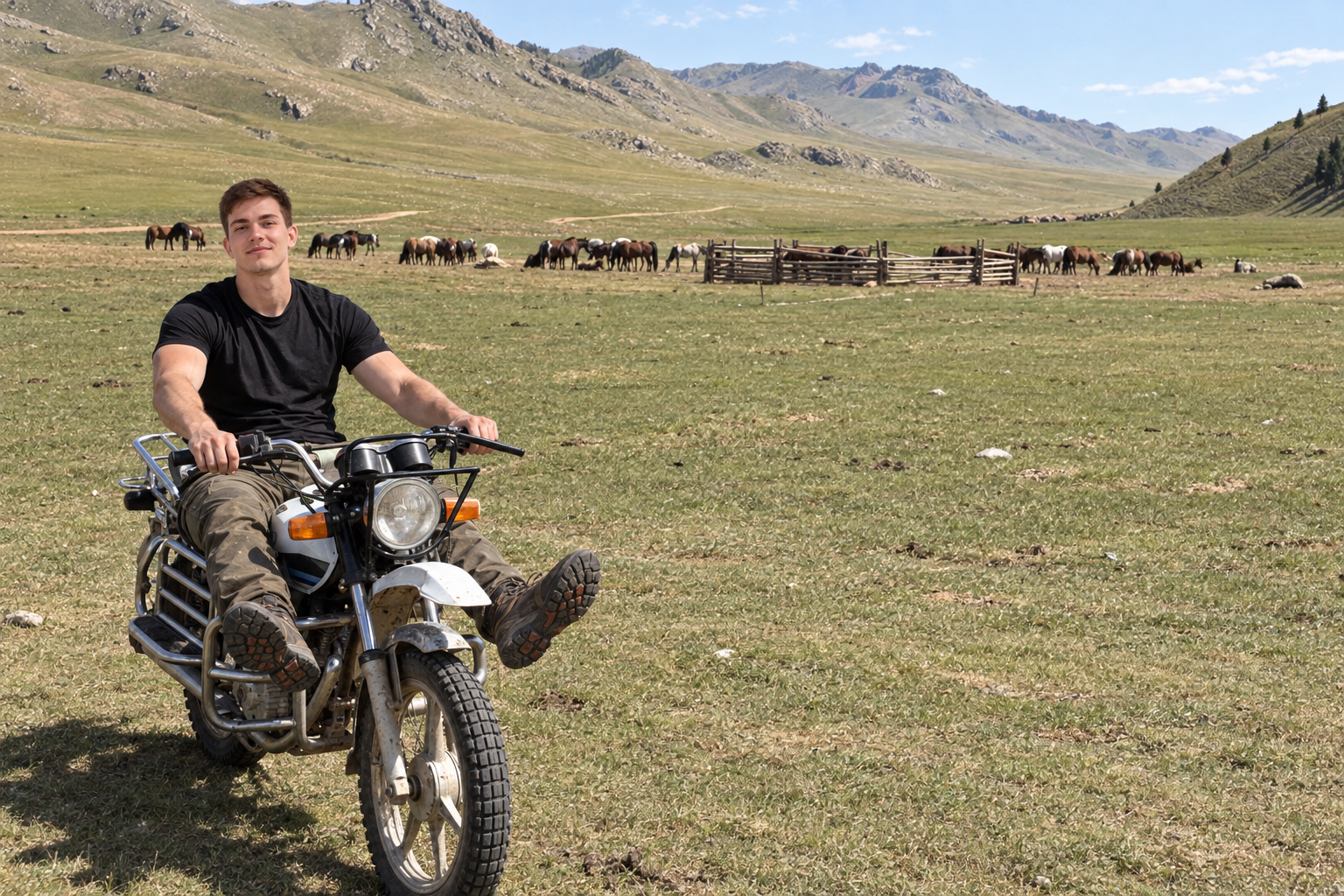 Artsiom on a motorcycle in a grassy mountain valley in Mongolia