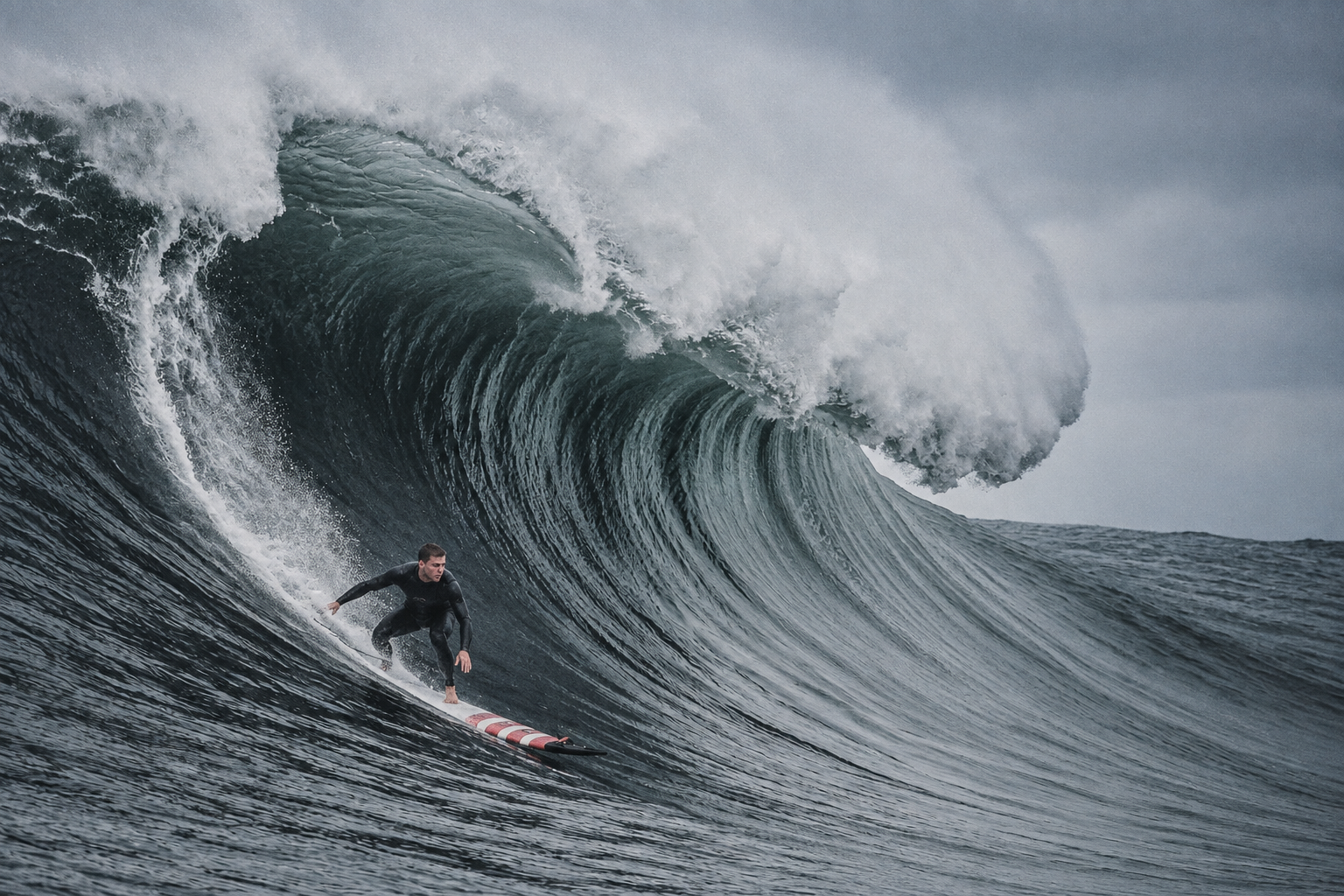 Artsiom surfing a towering wave off Portugal