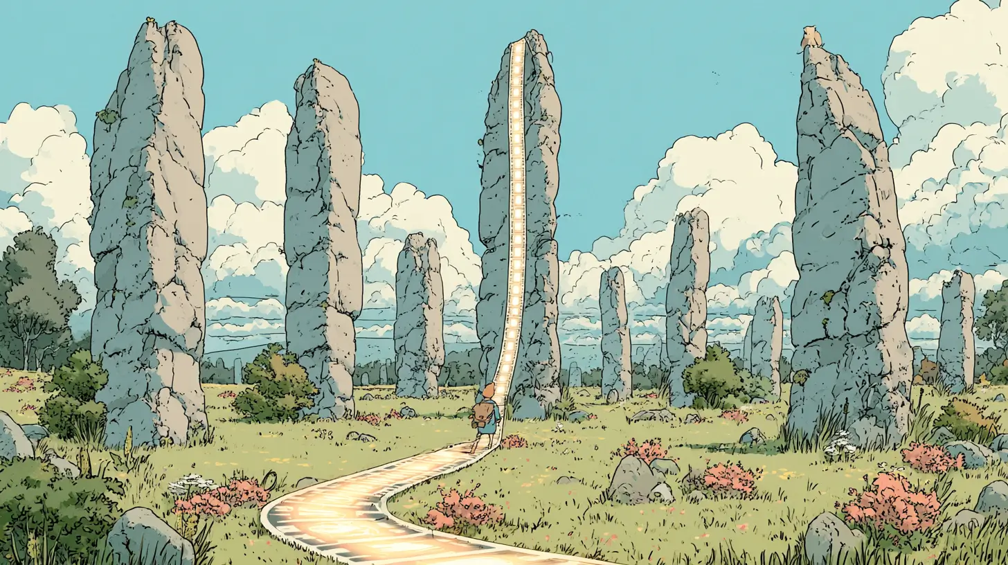Illustration of an adventurer unspooling a ribbon of glowing film frames between standing stones, a metaphor for choosing the best AI video models for agent workflows
