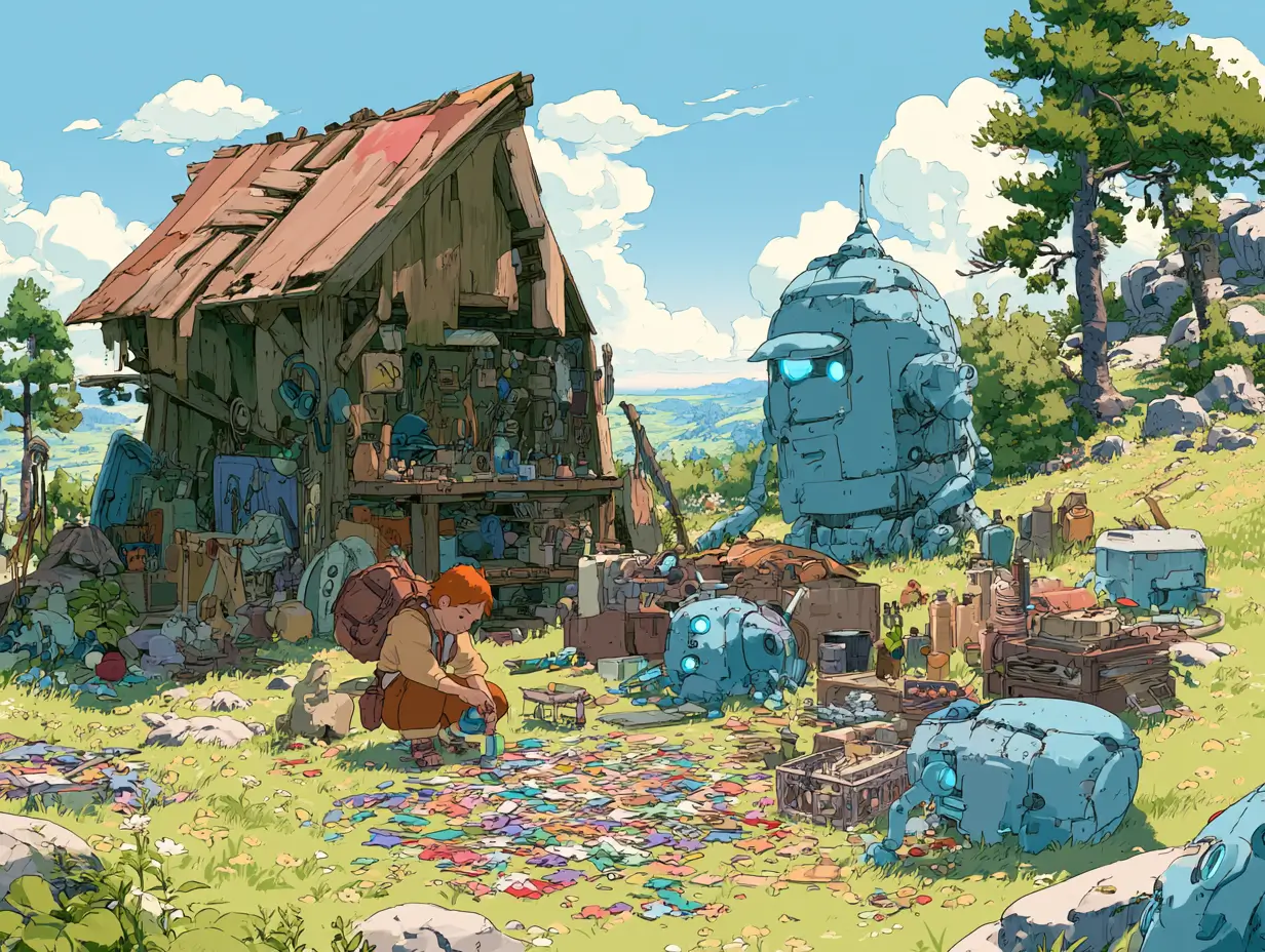 Illustration of a small adventurer assembling friendly glowing robots from colorful puzzle pieces in a sunlit meadow, representing no-code AI agent builders