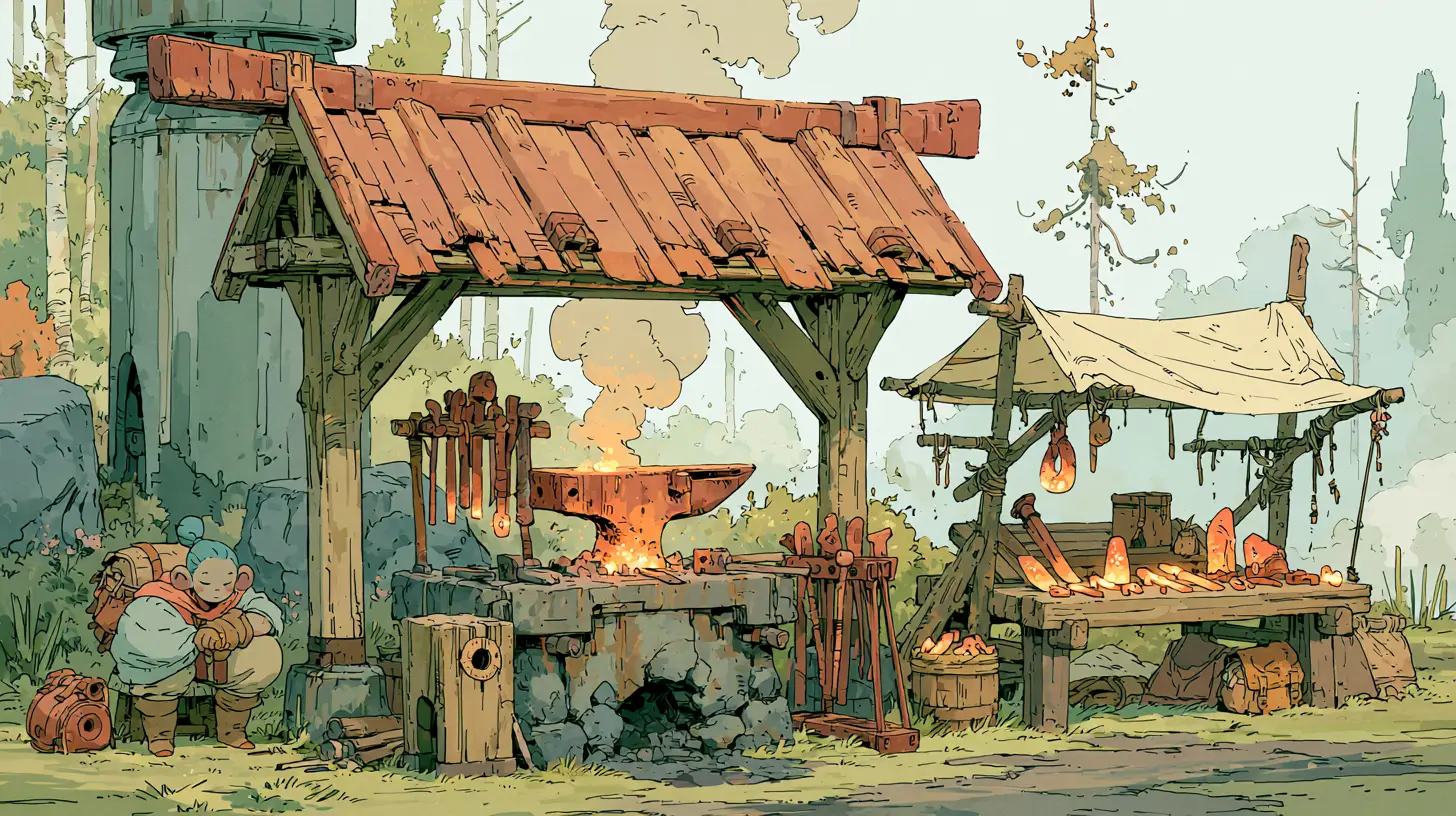 Moebius/Ghibli-style illustration of a small adventurer forging glowing tools at an anvil beside a market stall of glowing wares — a metaphor for platforms to build and sell AI tools