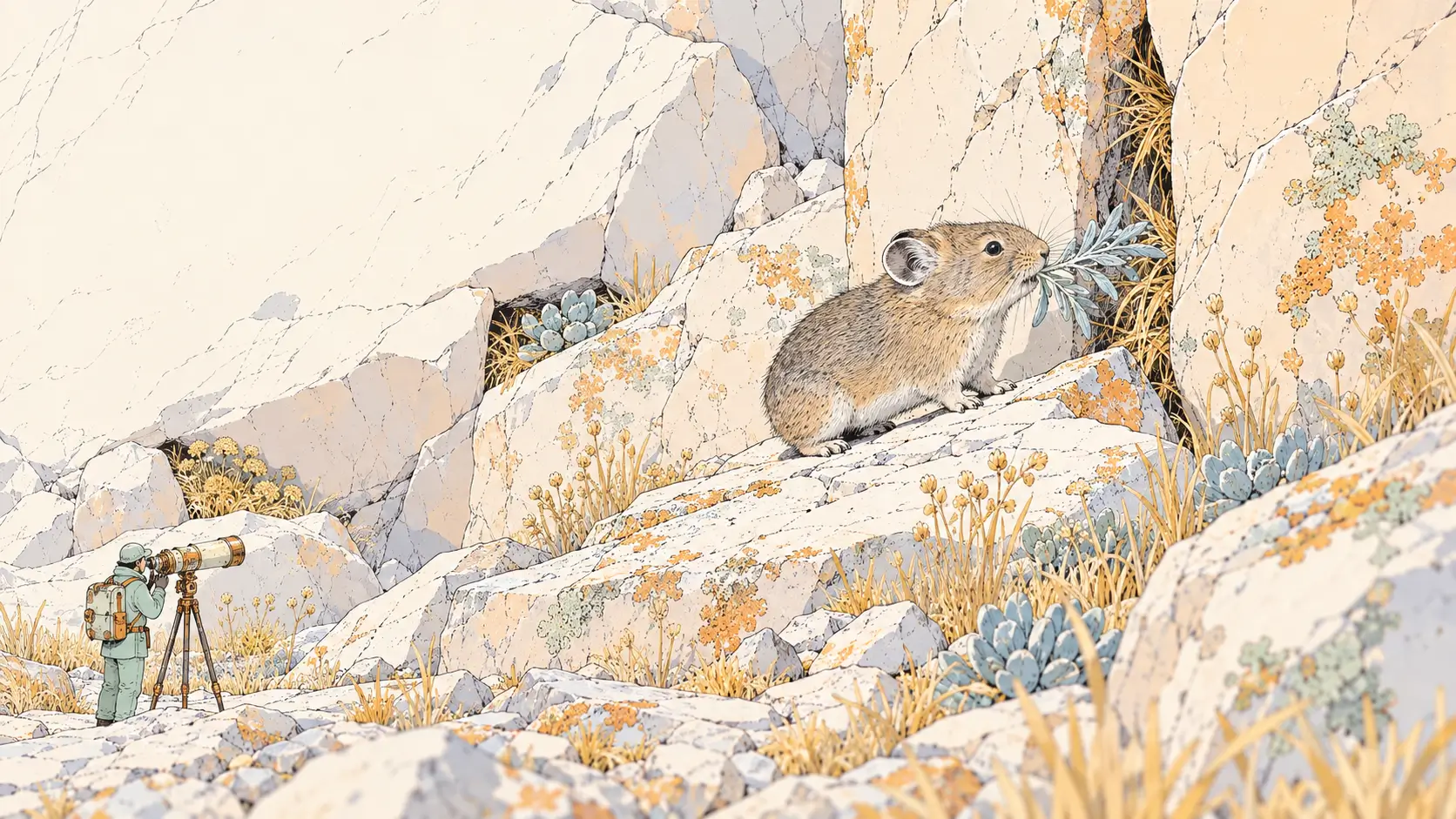 Best vector database metaphor: a pika retrieves one herb sprig from separate alpine caches beside a weathered field lens