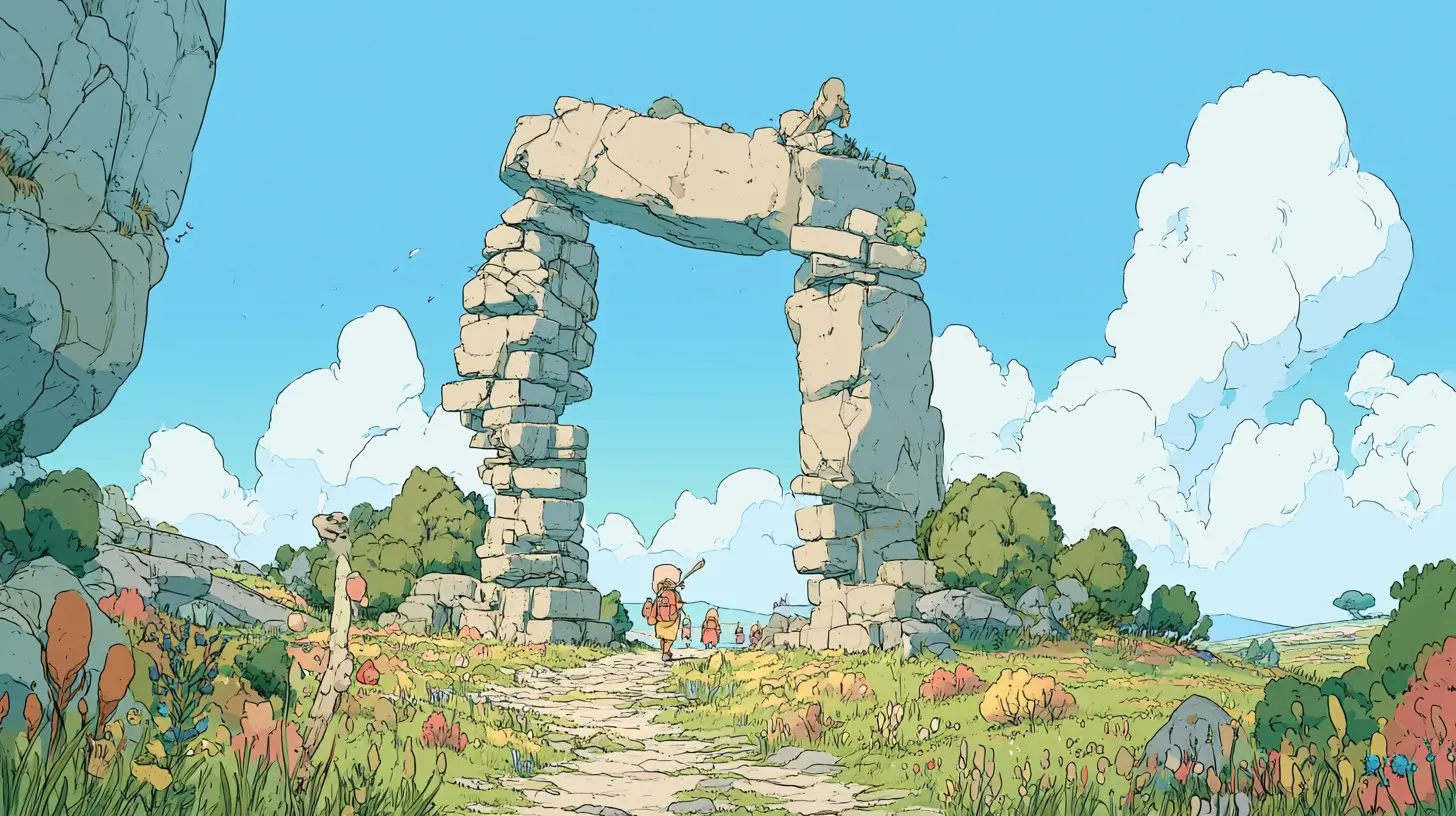 Illustration of an adventurer walking toward a great stone gateway, representing how to build a client-facing AI agent without code
