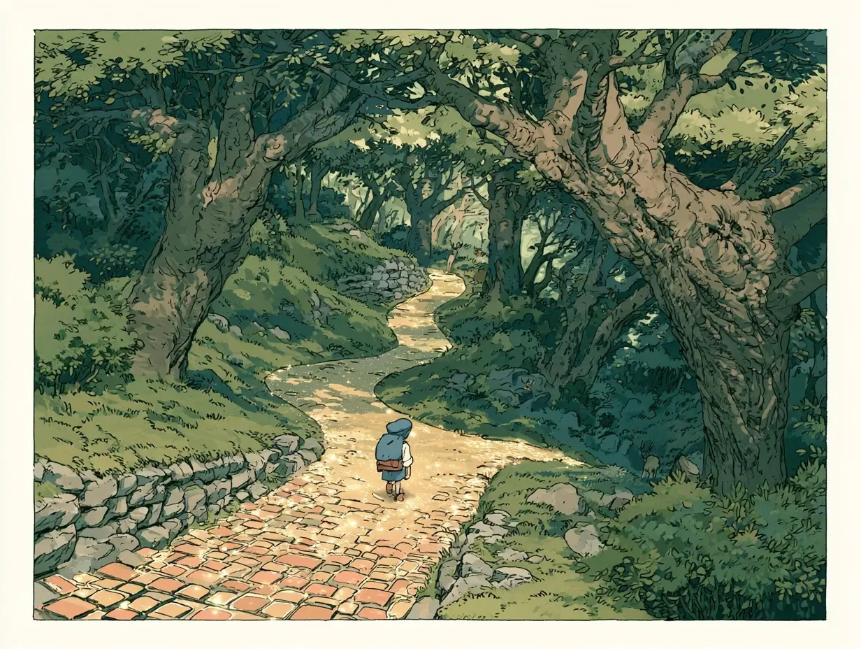 Illustration of a small adventurer at a crossroads where three glowing paths diverge through an enchanted forest in studio Ghibli style