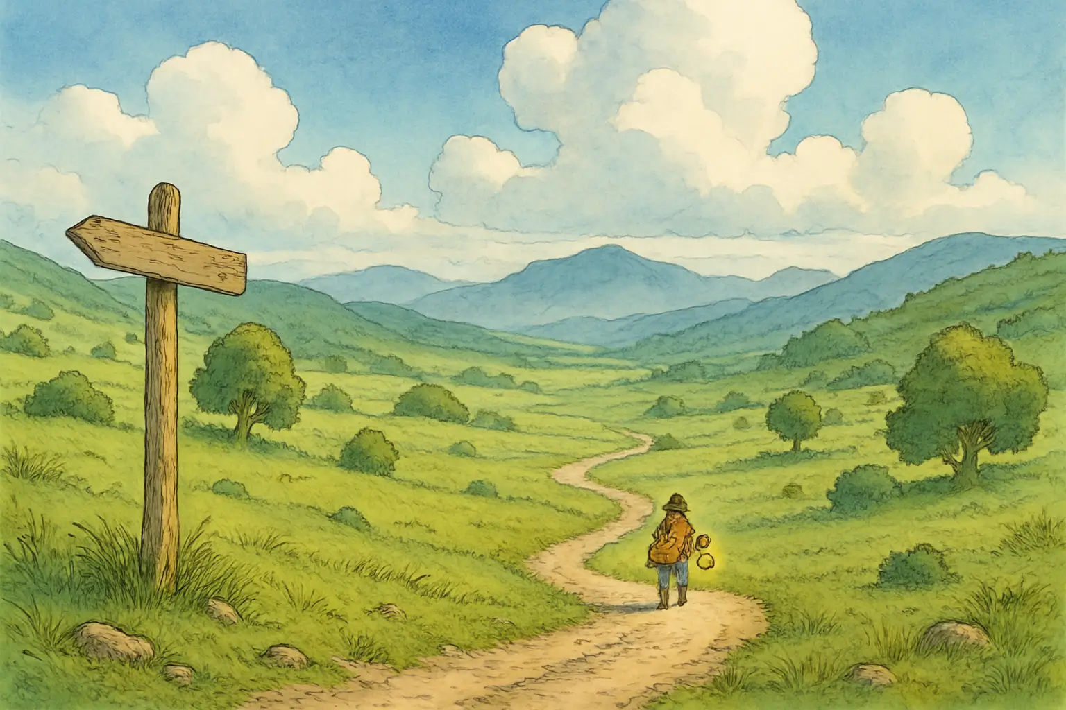 A small adventurer leaving a signpost behind to walk down a winding trail with a lantern, illustrating the shift from chatbot to AI agent