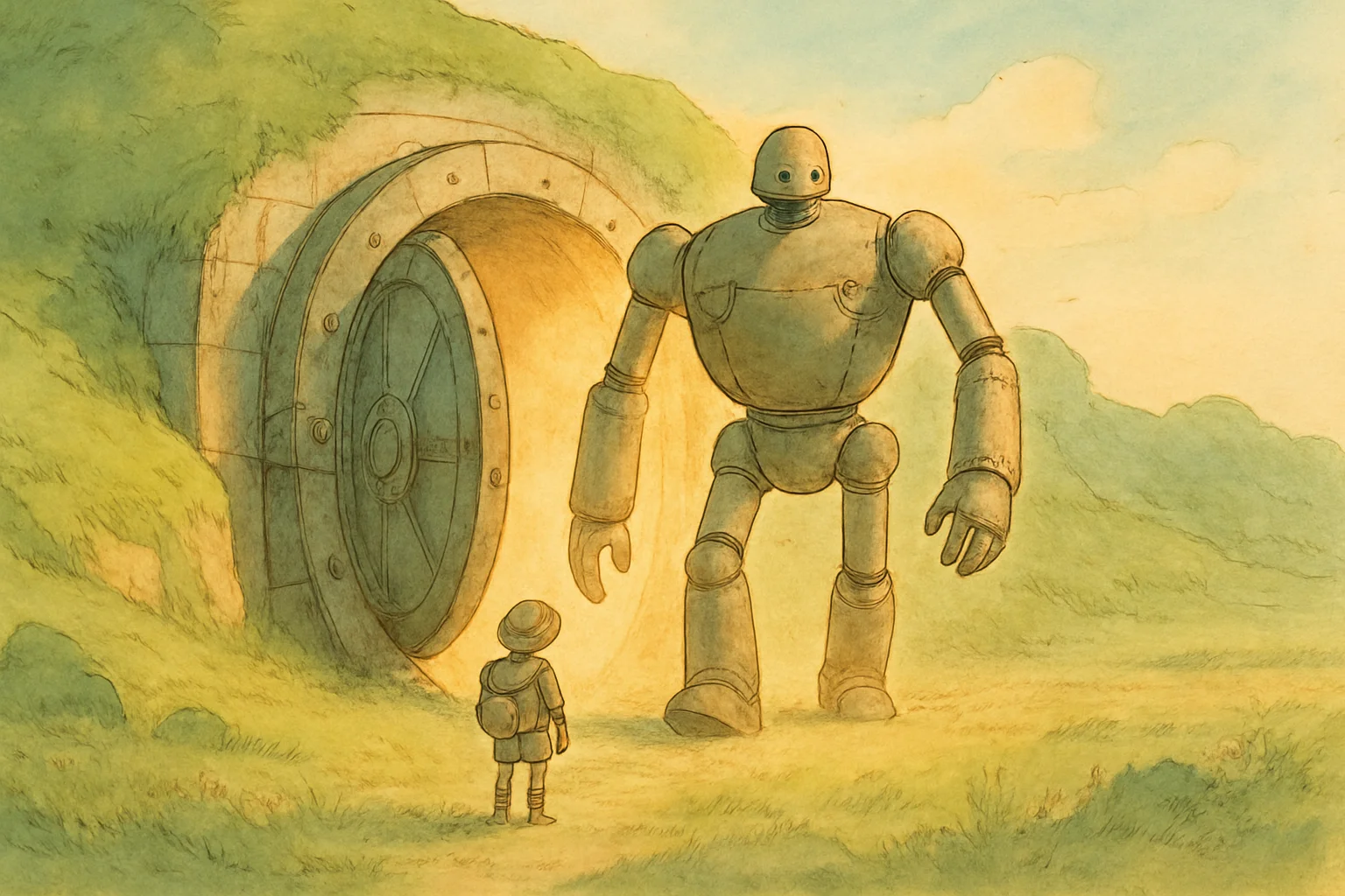 Storybook illustration of a small adventurer watching a friendly giant robot step out of an ancient open vault — Claude Fable 5, the first public Mythos-class model from Anthropic, goes live