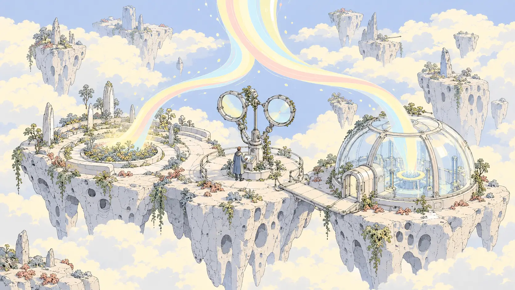 Pastel science-fiction landscape showing one luminous source entering open and restricted research habitats, a metaphor for Claude Mythos