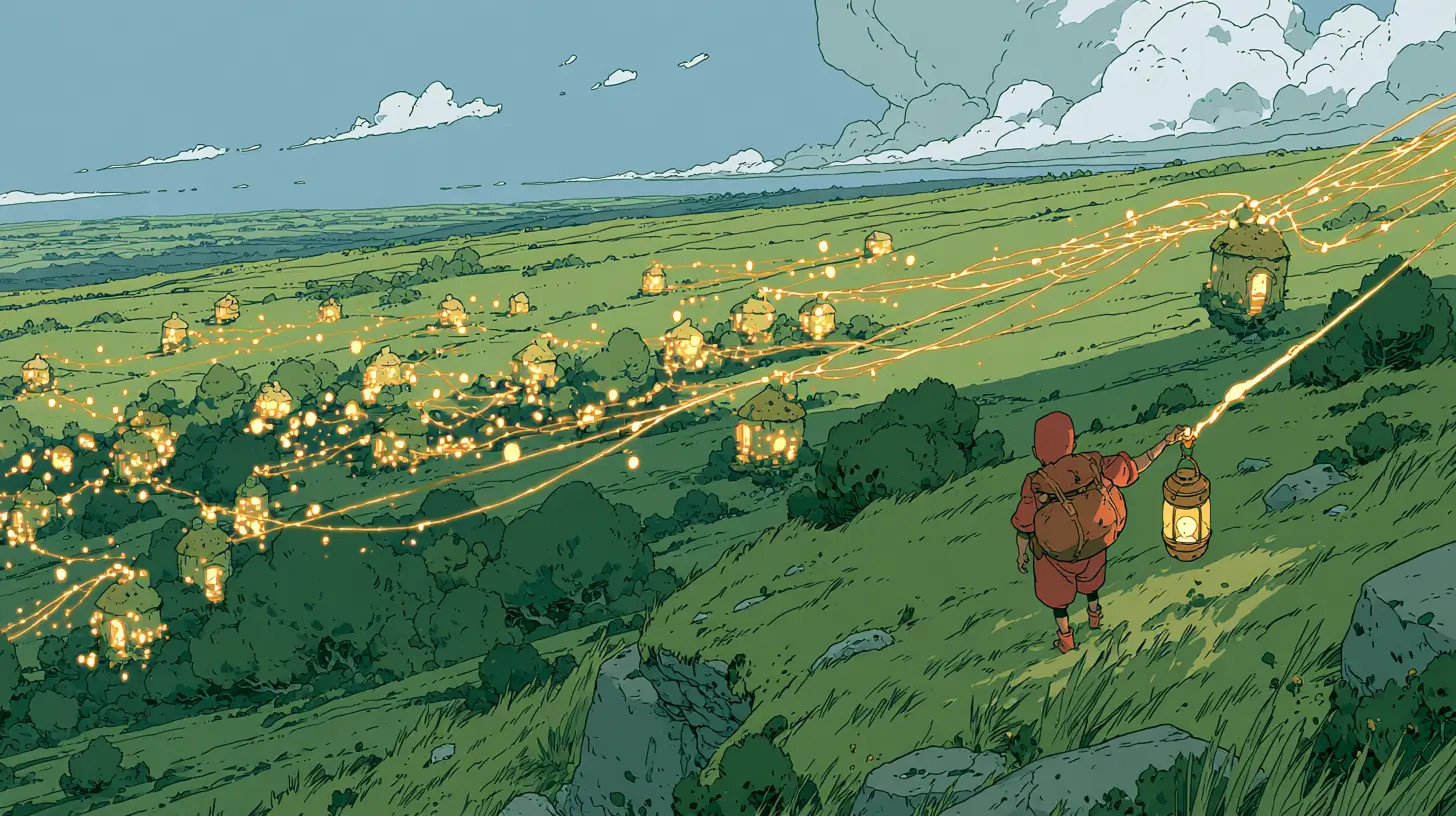 Moebius/Ghibli-style illustration of an adventurer whose lantern beams a network of golden light connecting to many glowing cottages, representing one AI agent connected to many apps