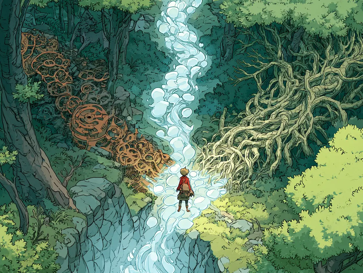 CrewAI vs LangGraph vs AutoGen comparison - illustrated adventurer at a three-way crossroads in a lush forest with diverging paths