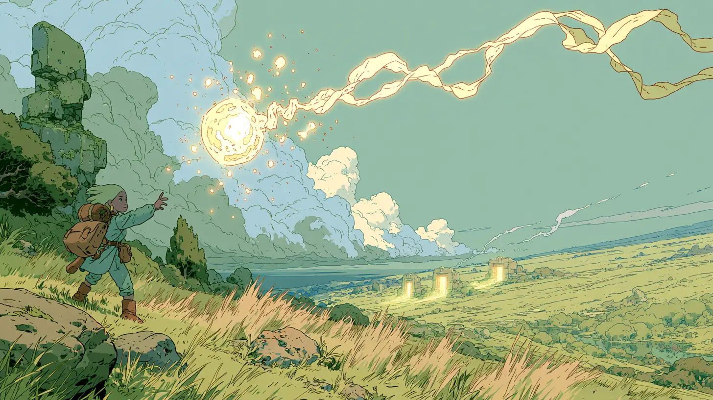 Moebius/Ghibli-style illustration of an adventurer releasing a glowing orb that splits into ribbons of light traveling toward three distant glowing doorways — a metaphor for deploying one AI agent across multiple channels