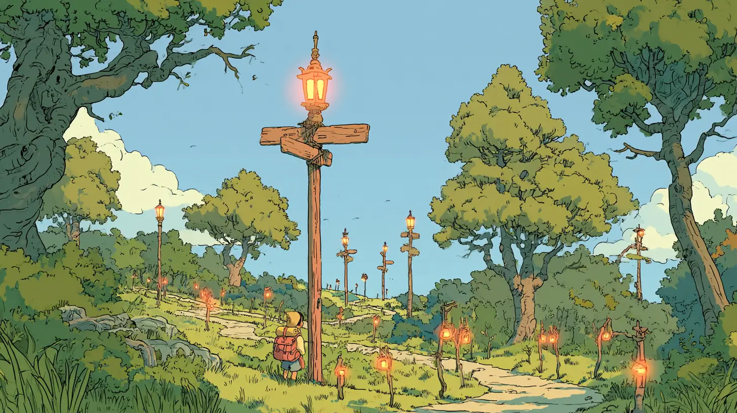 Illustrated adventurer at a glowing signpost where lantern-lit paths converge — a metaphor for choosing employee portal software