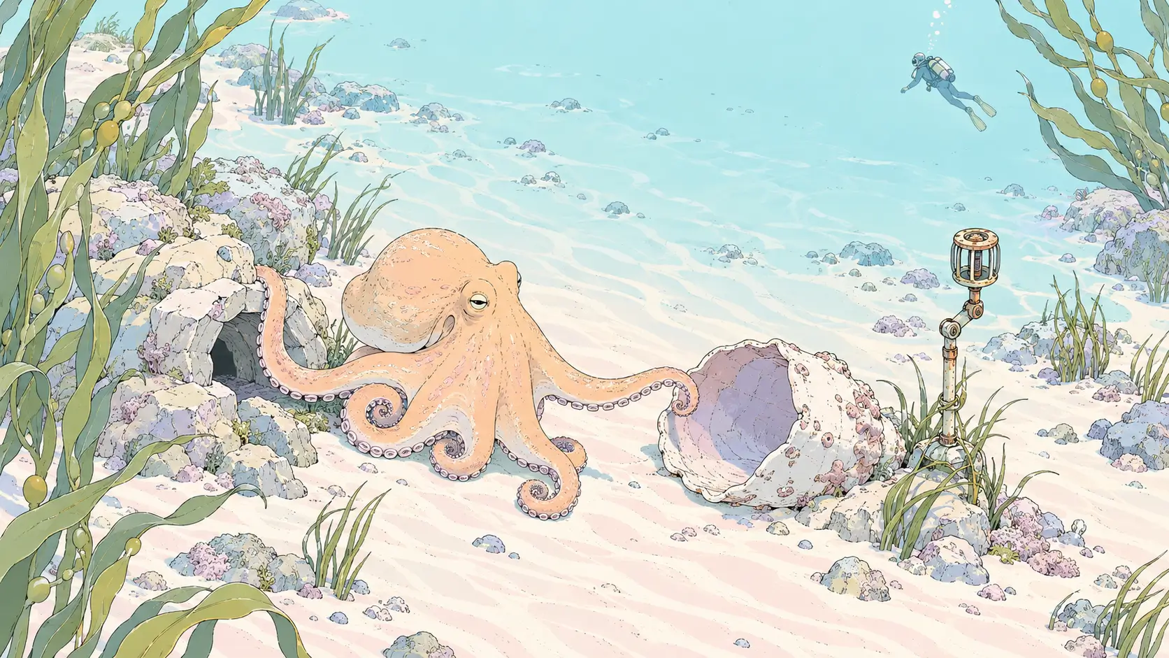 Gemini 4 Argon AI agents illustrated by an octopus exploring a new shell while keeping an arm anchored to its familiar shelter