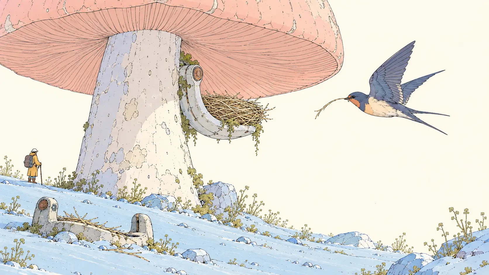 Google Gems retiring: a swallow carries nest material into a sheltered new home beneath a pastel mushroom