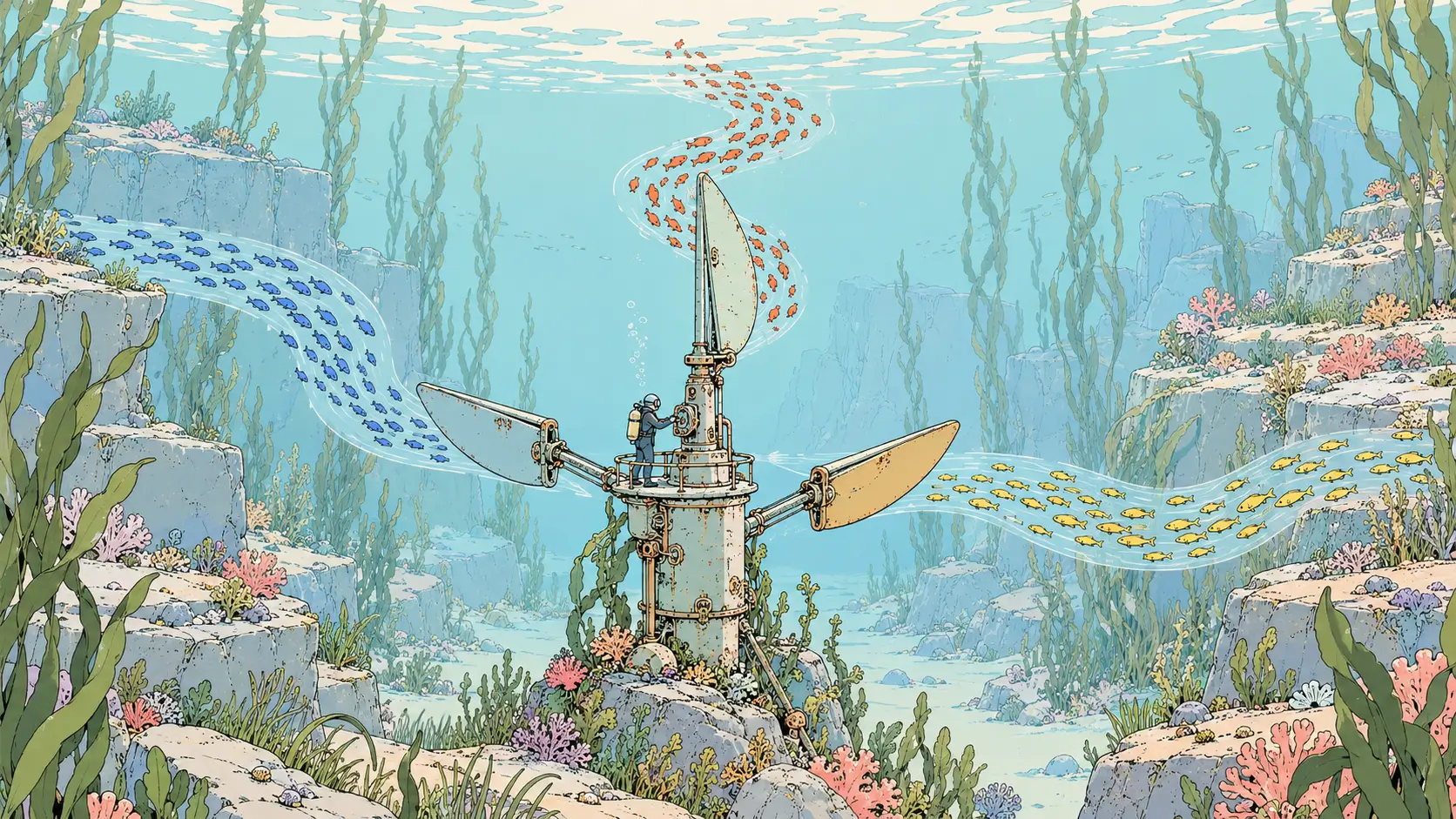 GPT-6.1 Sol vs Claude Opus 5.5 and Gemini 3.8 Flash represented by three fish schools routed through an underwater current station