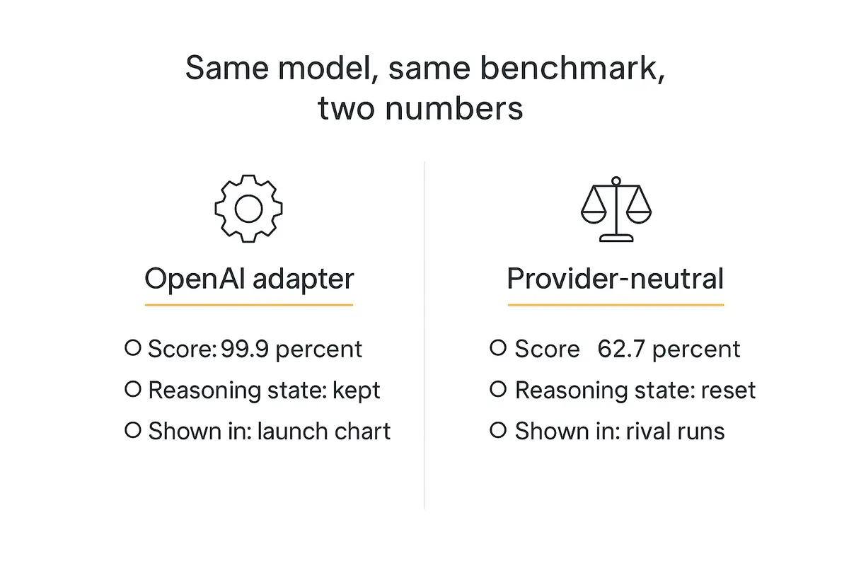 Diagram comparing GPT-6 Astra's ARC-AGI-3 score of 99.9% on OpenAI's adapter harness against 62.7% on the provider-neutral harness